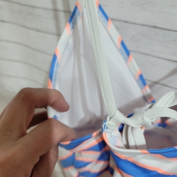 SPLENDID BLUE & NEON ORANGE STRIPED ONE PIECE SWIMSUIT, SZ LARGE, SUPER CUTE! - Picture 3 of 9
